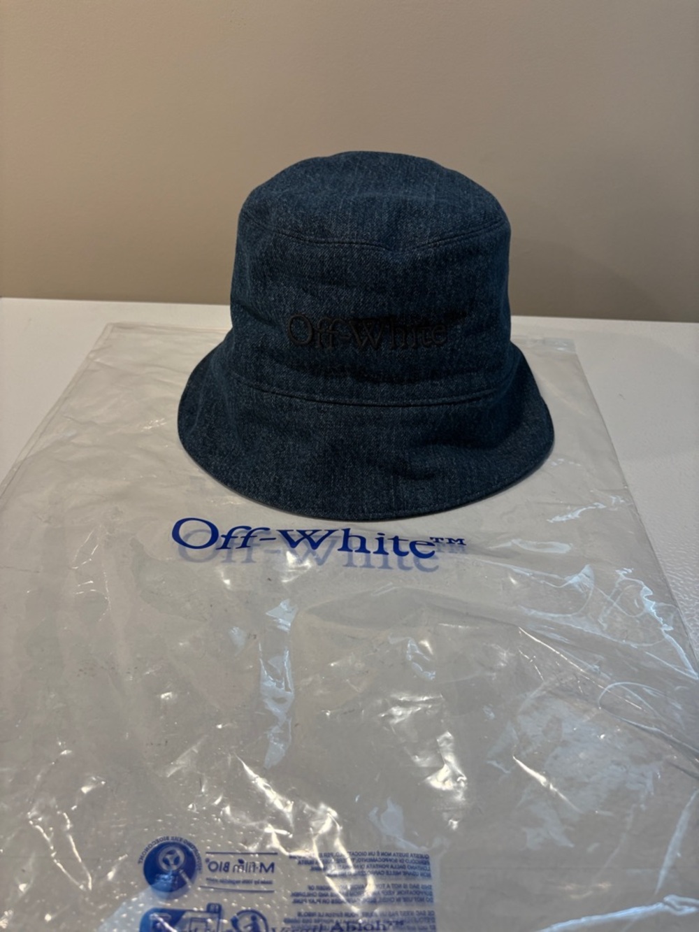 NWT Off-White Dark Blue Denim Bucket Hat with Subtle Logo